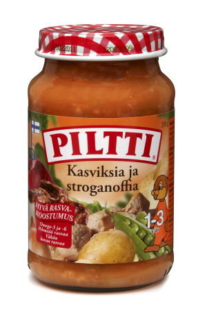 Piltti Kasviksia ja stroganoffia, бефстроганов с овощами, с 1-3г., 200 гр.
