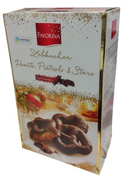 Шоколадные пряники Favorina Lebkuchen Heartz, Pretzels & Stars Dark chokolate, 500 гр.